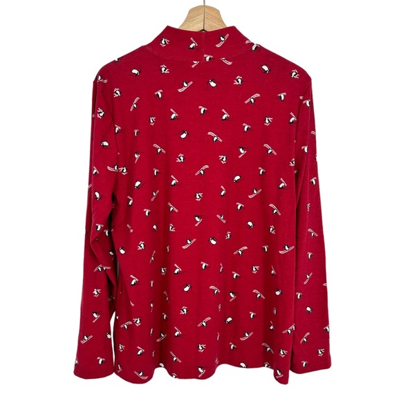 Karen Scott Red Skiing Penguins Printed Cotton Mock-Neck Top - Picture 5 of 9
